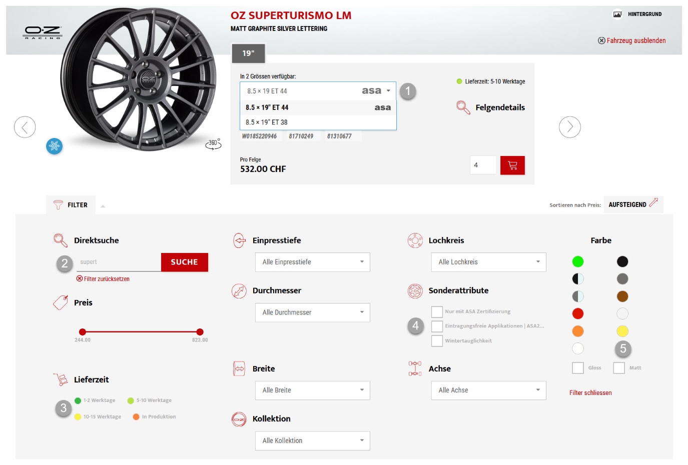 Filterfunktionen Felgen Konfigurator